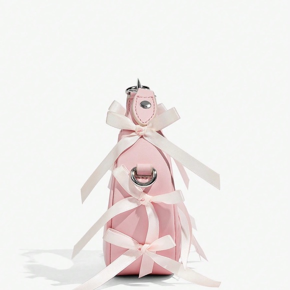 Pink Bowknot Top Handle Crossbody Bag – Lace-Up Ballet Style Y2K Retro Teen - Picture 4 of 9